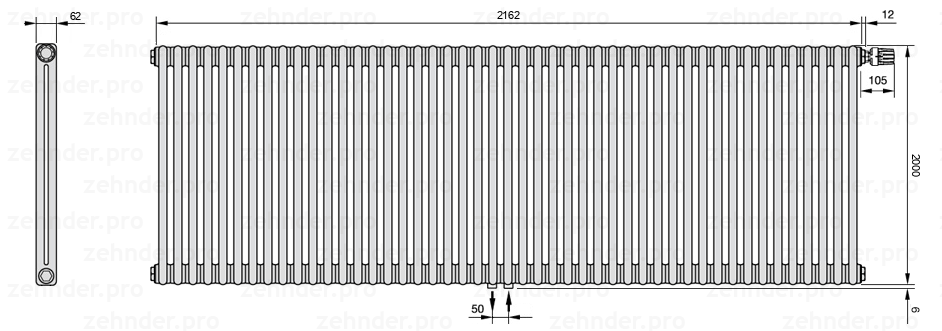 Схема (чертеж) Радиатор Zehnder Charleston 2200/47 №V008 Белый глянцевый RAL 9016